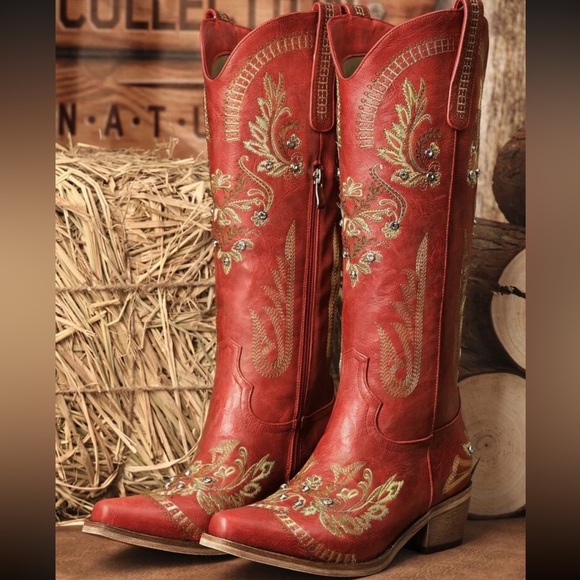 Wide Calf Knee High Western Cowgirl Boots, Rhinestones With Classic Embroidery - Picture 1 of 7